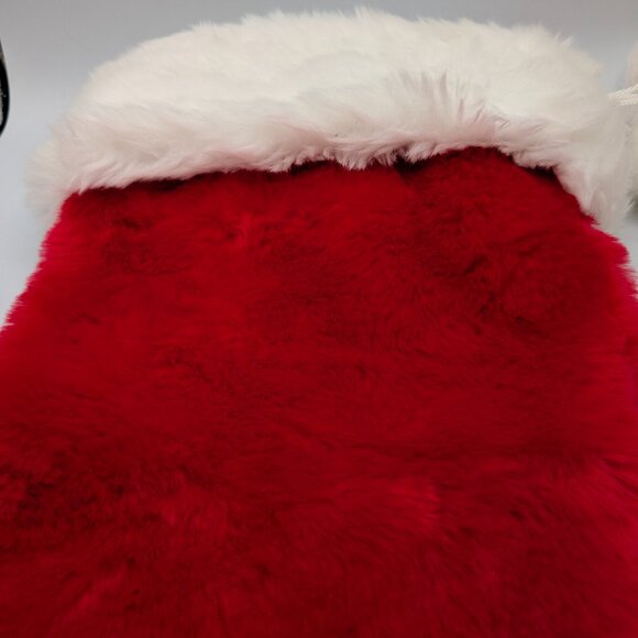 Large Red Faux Fur Christmas Stocking with White Trim and Pom Poms - Picture 6 of 10